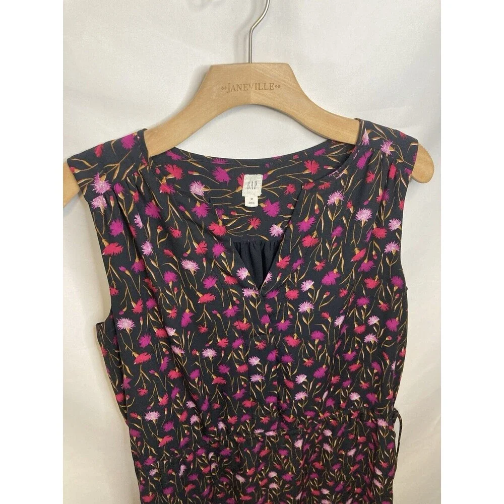 GAP Mini Dress M Drawstring Waist Black Pink Ditsy Floral Fairy Sleeveless Boho